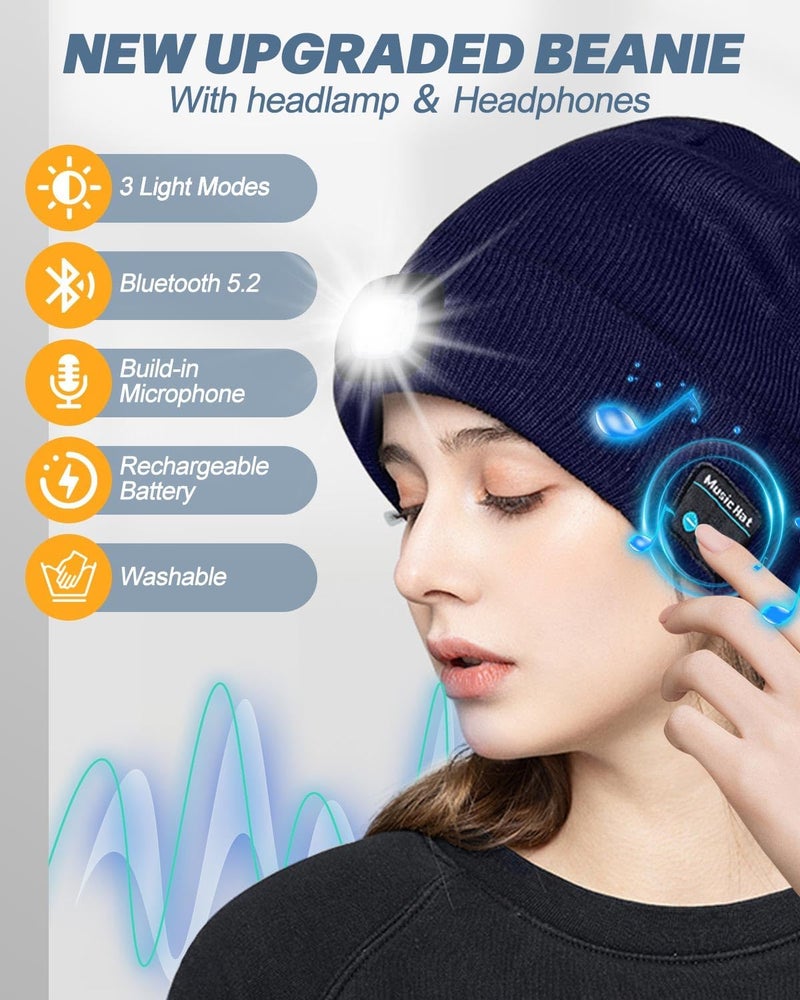 MOXTOYU Bluetooth Beanie with Light, USB Rechargeable LED Headlamp Winter Hat, Christmas Stocking Stuffers Gifts for Men Women - Image 2